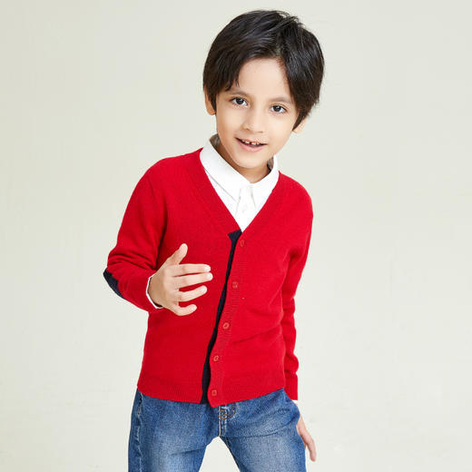 METTE羊绒世家童装秋中大童100%山羊绒V领开衫时尚撞色长袖针织外套男 商品图1