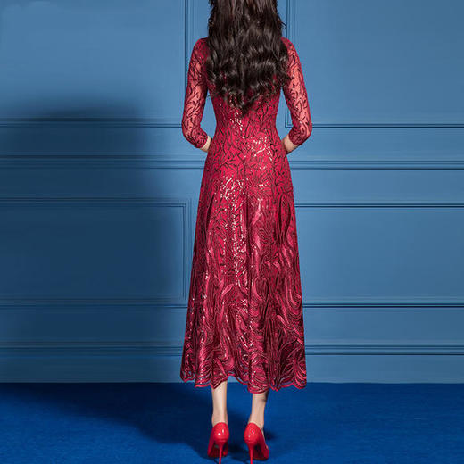 SSGS-L386新款春季气质收腰修身七分袖红色蕾丝连衣裙 商品图1