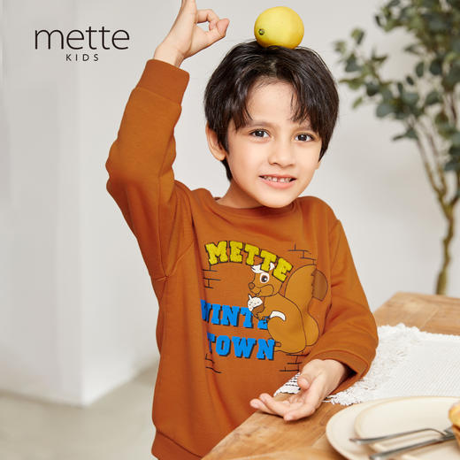 METTE童装男圆领加绒卫衣时尚小松鼠印花中大童男宝休闲保暖上衣 商品图1