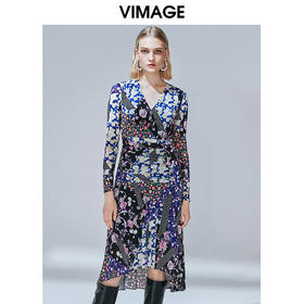 VIMAGE纬漫纪秋款个性时尚印花舒适显瘦修身收腰连衣裙V1407003