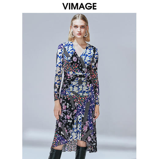 VIMAGE纬漫纪秋款个性时尚印花舒适显瘦修身收腰连衣裙V1407003 商品图0