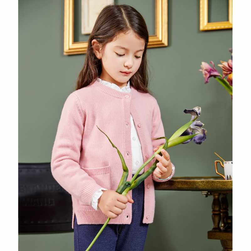 METTE羊绒世家童装女童100%山羊绒开衫中大童女宝圆领针织小外套