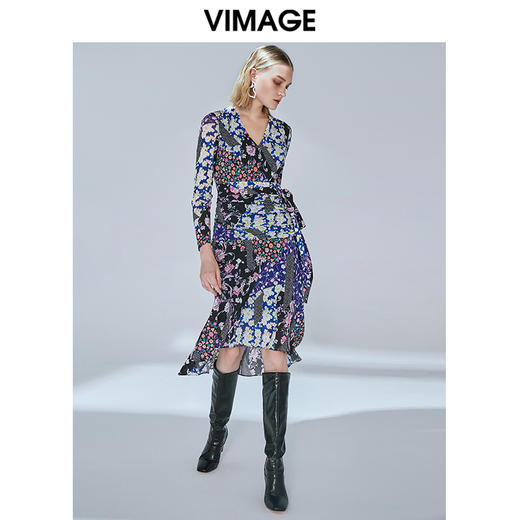 VIMAGE纬漫纪秋款个性时尚印花舒适显瘦修身收腰连衣裙V1407003 商品图1