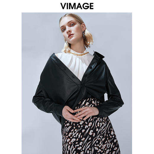 VIMAGE纬漫纪秋款个性时尚纯色百搭显瘦漆皮衬衫上衣女V1409013 商品图0