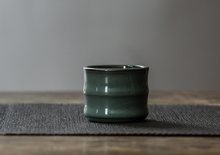 茶香记龙泉青瓷手工杯铁胎青釉竹节杯郑旭东青碧莹润品茗杯