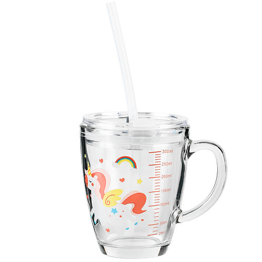 居家家水杯 可爱少女玻璃刻度牛奶杯 带吸管家用咖啡奶茶杯