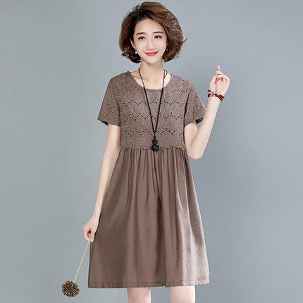 W 9931 棉麻连衣裙女2020年夏装新款女装大码遮肚显瘦裙子 商品图2