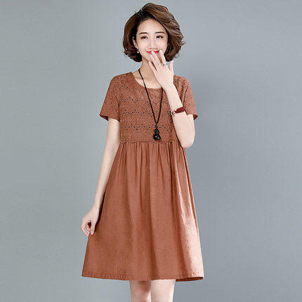 W 9931 棉麻连衣裙女2020年夏装新款女装大码遮肚显瘦裙子 商品图3