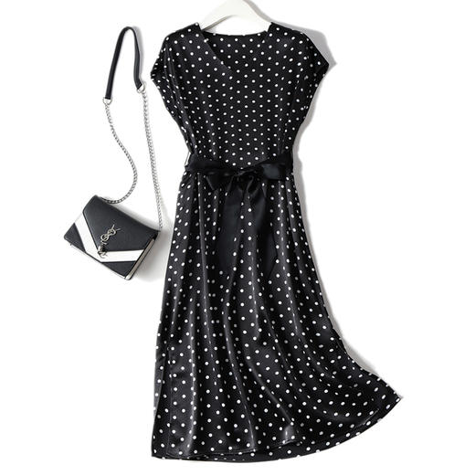 丁摩 减龄又显瘦~进口三醋酸缎面波点V领系带连衣裙20-205DS399 商品图0