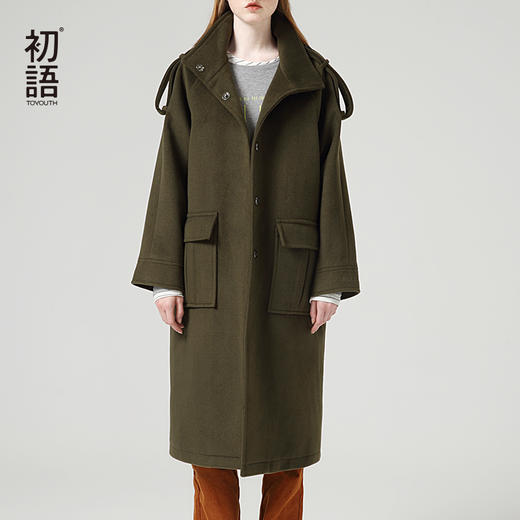 初语毛呢外套女秋季新款休闲宽松时尚保暖立领长款呢子大衣8931214002