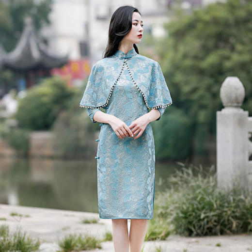 日常国风,小披肩蕾丝改良旗袍两件套ym-84628
