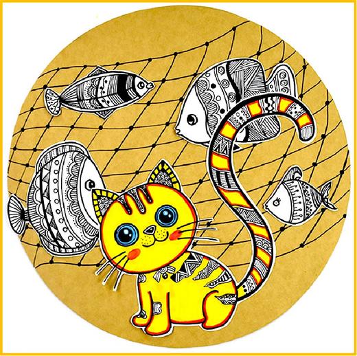 《小猫钓鱼》线描【自动发货：下单后，点击手机短信中收到的链接，即可获取文件下载的链接；如有任何问题，可添加客服微信hm33268获得帮助】 商品图0