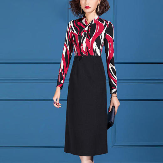 OLN-9782新款气质女神范OL收腰显瘦蝴蝶结领拼接包臀连衣裙 商品图1