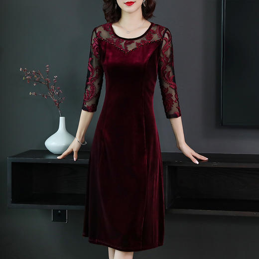 MQ-A909春秋新款气质收腰提花网纱拼接阔太太金丝绒连衣裙ZXH 商品图0