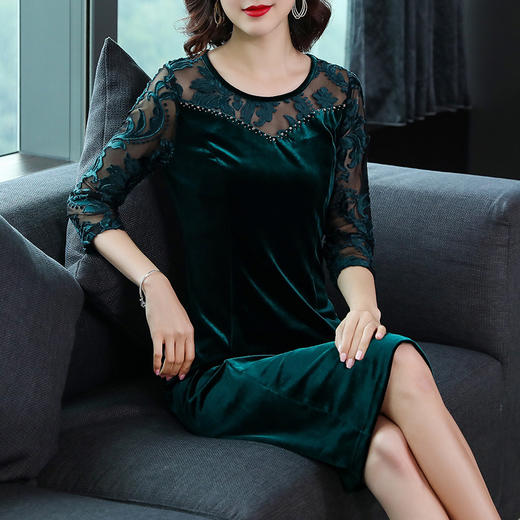 MQ-A909春秋新款气质收腰提花网纱拼接阔太太金丝绒连衣裙ZXH 商品图1