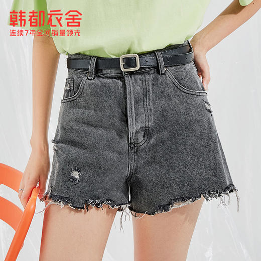韩都衣舍2021夏季新款女装复古水洗高腰小A毛边牛仔短裤RU5140蒖 商品图2