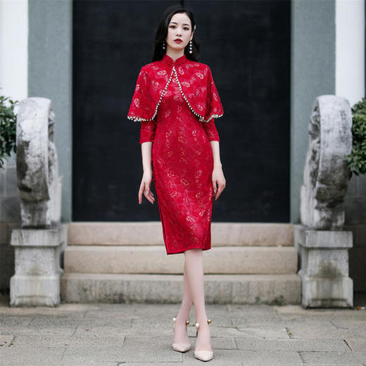 YM-84628日常国风，小披肩蕾丝改良旗袍两件套 商品图0