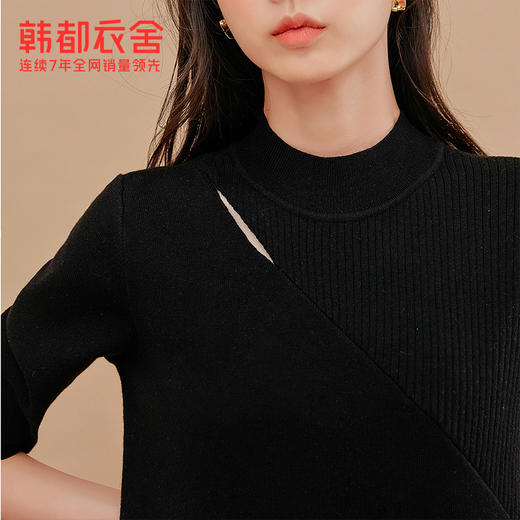 韩都衣舍2021春新款法式小众收腰小黑裙设计感打底连衣裙女PV9734 商品图4