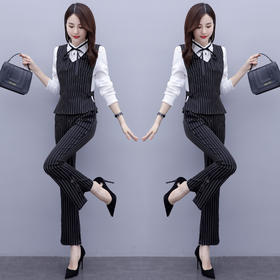 MQQ-3646洋气职业装初秋新款气质衬衣显瘦条纹马甲三件套
