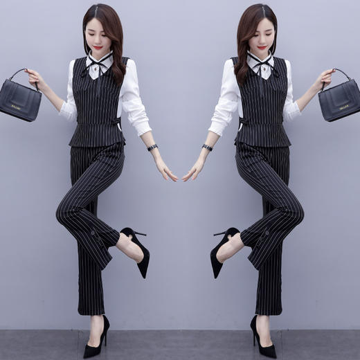 MQQ-3646洋气职业装初秋新款气质衬衣显瘦条纹马甲三件套 商品图0