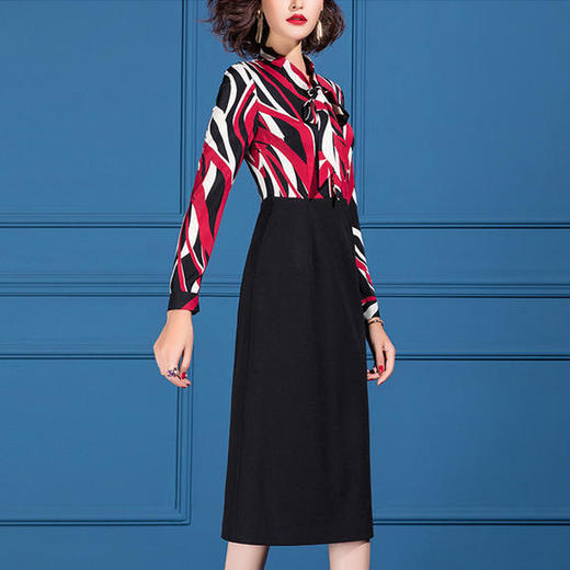 OLN-9782新款气质女神范OL收腰显瘦蝴蝶结领拼接包臀连衣裙 商品图2