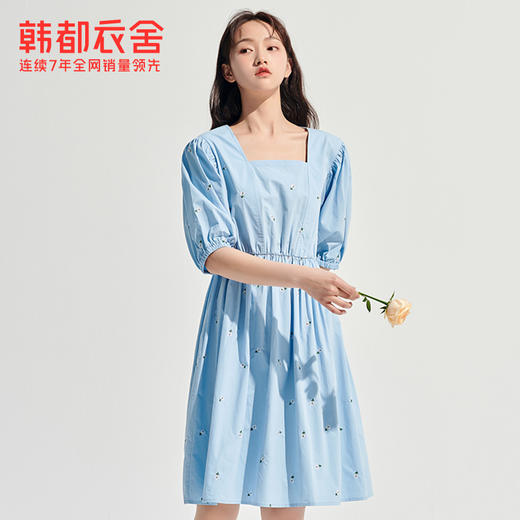 韩都衣舍2021夏装新款女装高腰方领泡泡袖显瘦连衣裙RN0015甦 商品图1
