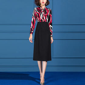 OLN-9782新款气质女神范OL收腰显瘦蝴蝶结领拼接包臀连衣裙