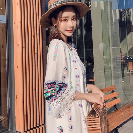 MLS-3273度假沙滩防晒衣印花披肩外套复古中长款流苏开衫 商品图0