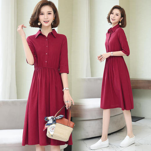 W-347新款洋气大码中老年妈妈装显瘦遮肚棉麻连衣裙 商品图0