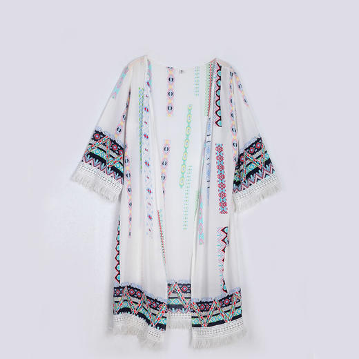 MLS-3273度假沙滩防晒衣印花披肩外套复古中长款流苏开衫 商品图4