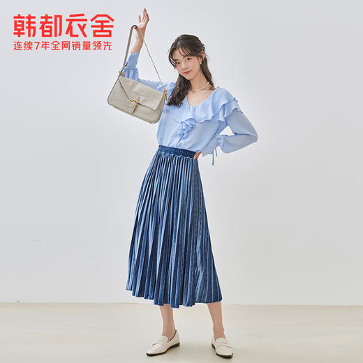 韩都衣舍2020秋季新款宽松A字纯色高腰百褶丝绒裙半身裙IG9270僥 商品图2
