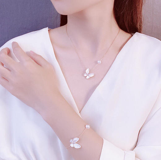 白色贝母 蝴蝶珍珠项链/手链 套装 色泽光亮莹润 优雅别致