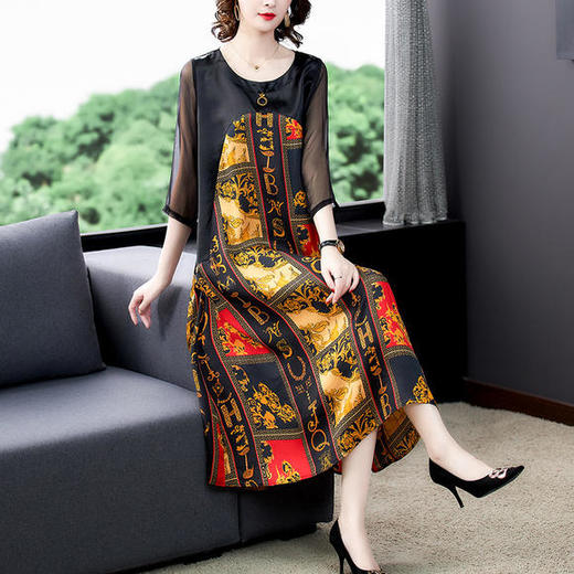 HT-BH-307-9298新款优雅气质宽松圆领七分袖拼接印花连衣裙 商品图1