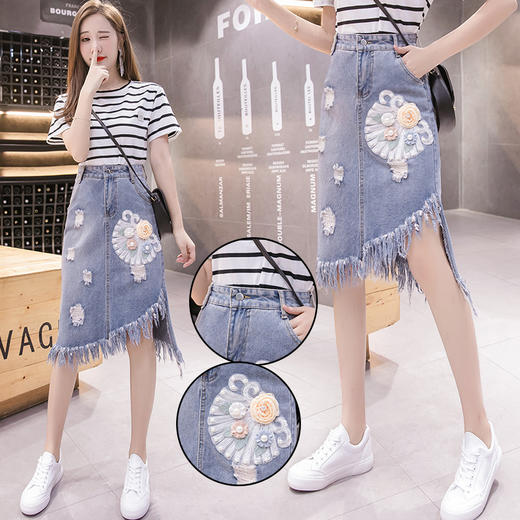 QSDY-5523钉珠不规则破洞牛仔裙拼接半身裙 商品图2