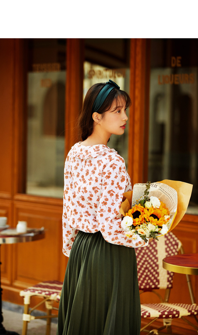 茵曼衬衫女小碎花2020年秋装新款复古港风甜美荷叶边印花长袖衬衣