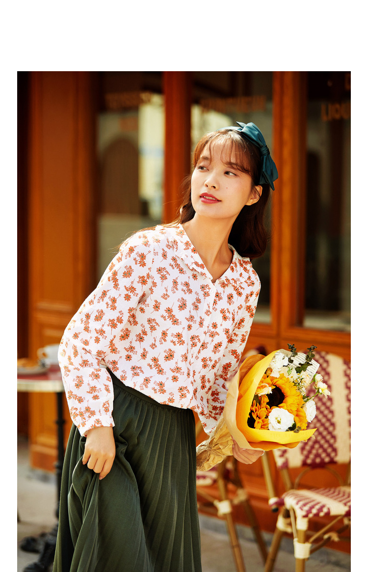 茵曼衬衫女小碎花2020年秋装新款复古港风甜美荷叶边印花长袖衬衣