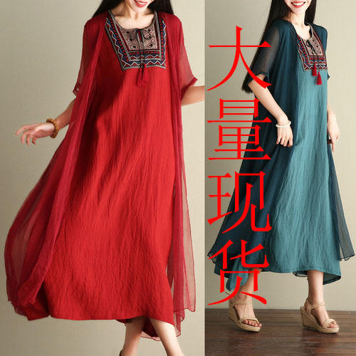 QYBD-Q011中国风夏季领花刺绣丝麻大码宽松假两件连衣裙 商品图0