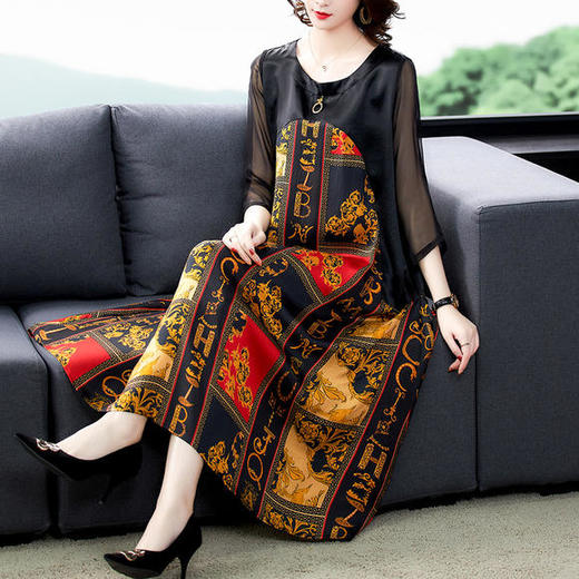 HT-BH-307-9298新款优雅气质宽松圆领七分袖拼接印花连衣裙 商品图0