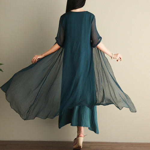 QYBD-Q011中国风夏季领花刺绣丝麻大码宽松假两件连衣裙 商品图1