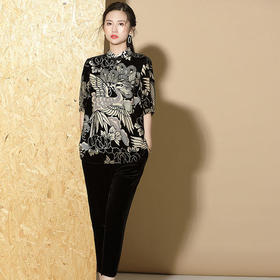 XZY-QF-200427新款优雅气质宽松立领中袖上衣九分裤两件套