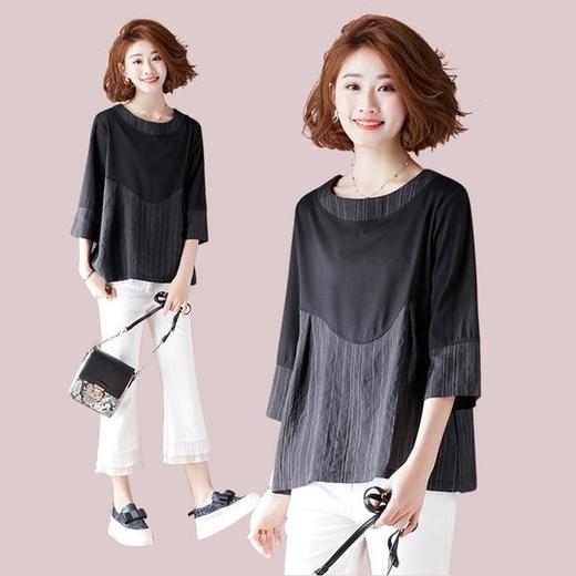 W-5852原创文艺时尚条纹拼接七分袖宽松显瘦棉上衣 商品图1