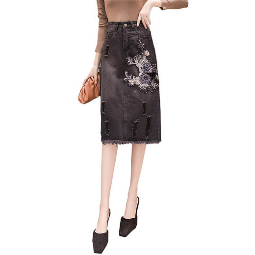 SSM-Y067DR高腰牛仔裙韩版修身中长款钉珠花朵包臂裙 商品图3