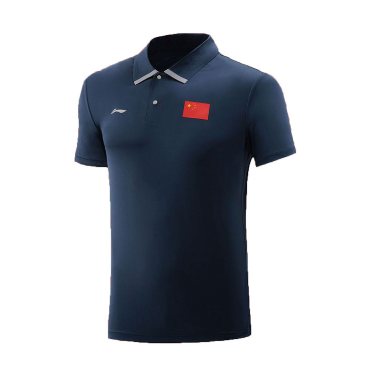 李宁liningatsq3891运动t恤国旗版翻领运动衫墨水蓝感受国手的力量