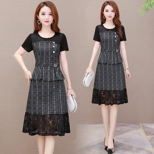 NSDN-格子新款修身小个子拼接洋气蕾丝短袖a字裙 商品图0