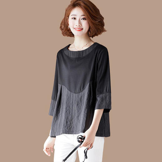 W-5852原创文艺时尚条纹拼接七分袖宽松显瘦棉上衣 商品图0