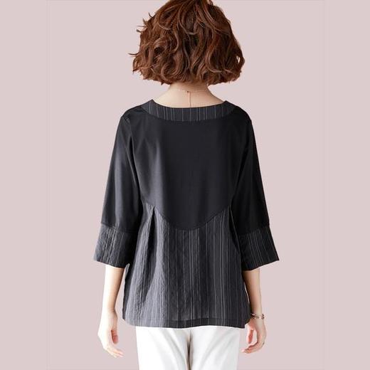 W-5852原创文艺时尚条纹拼接七分袖宽松显瘦棉上衣 商品图3