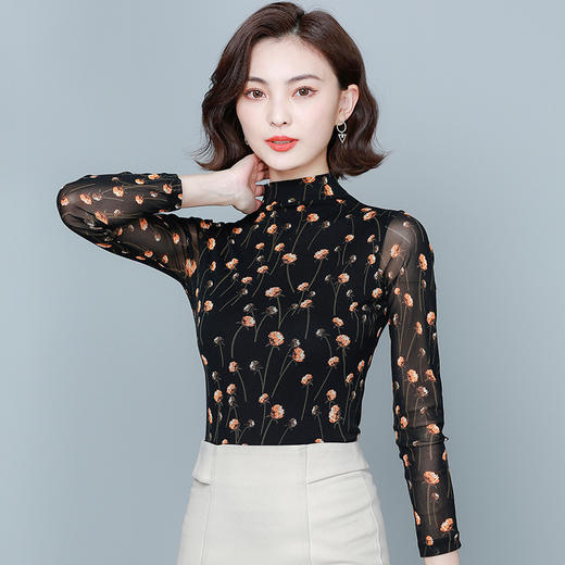 KQL  D046M6603印花半高领长袖网纱打底衫 商品图3