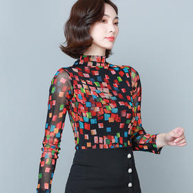 KQL  D046M6603印花半高领长袖网纱打底衫