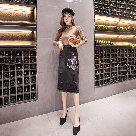 SSM-Y067DR高腰牛仔裙韩版修身中长款钉珠花朵包臂裙 商品图2