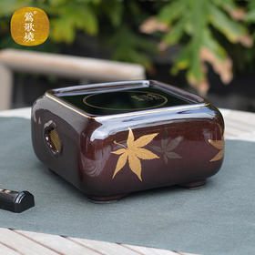 【莺歌烧旗舰店】海棠窗四方大漆地金枫纹电陶炉